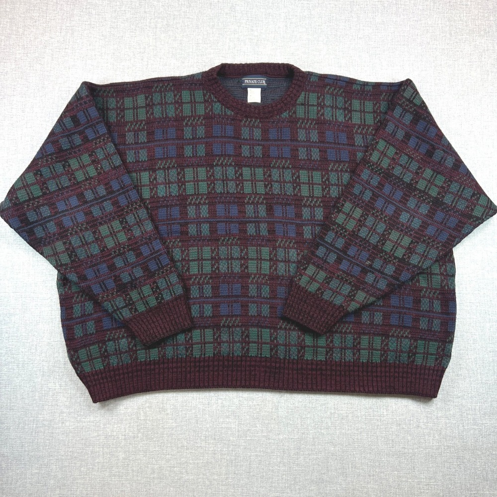 Vintage 90s Private Club Plaid Knit Sweater Men 3XL Burgundy Cozy Retro Dadcore